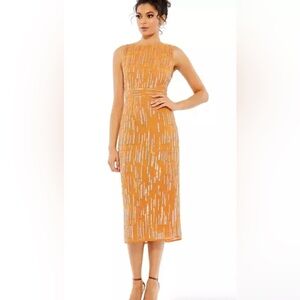 MAC DUGGAL Abstract Beaded Sequin Sleeveless Midi Dress Saffron size 2 $298 NWT